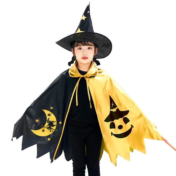 Tryllekunstnerkappe Sæt Med Hætte Troldmandskappe Kostume Til Drenge Og Piger Rollespil Fest Halloween Tilbehør Sort Og Guld To-tonet Stjernemønster