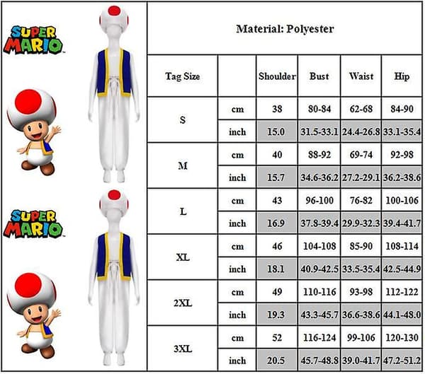 Voksen Super Mario Bros 2 Toad Cosplay Party Kostume Toppe+Bukser+Hat Sæt Gave S
