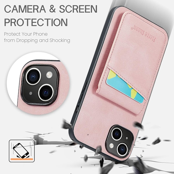 FIERRE SHANN Korthållare Telefonfodral för iPhone 13 RFID-blockering PU Läder+TPU Ställskydd Pink