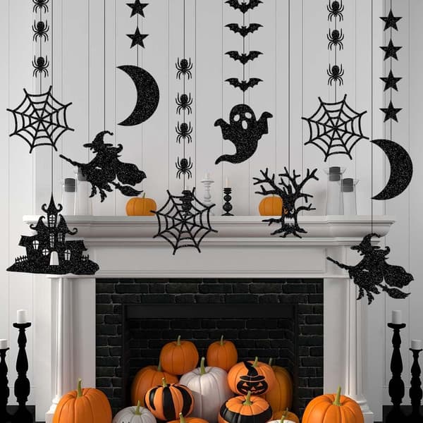 Halloween Bat Spider Hanging Set - 12 Pcs Black Glitter Ornaments for Spooky Themed Wall Decals and Garlands