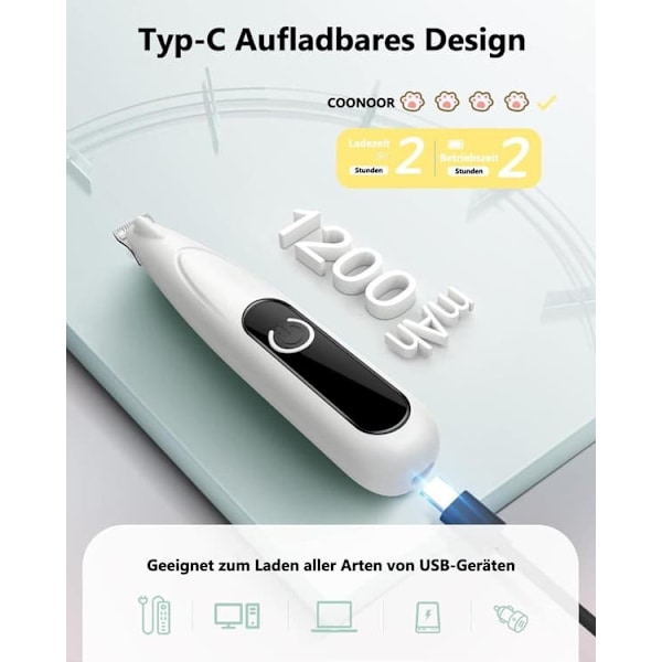 Johdoton tassutrimmeri koirille, LED-näyttö, hiljainen, 20 mm terä, USB-C, 4 lisätarviketta, koiran trimmeri / tassutrimmeri - trimmeri tassuille