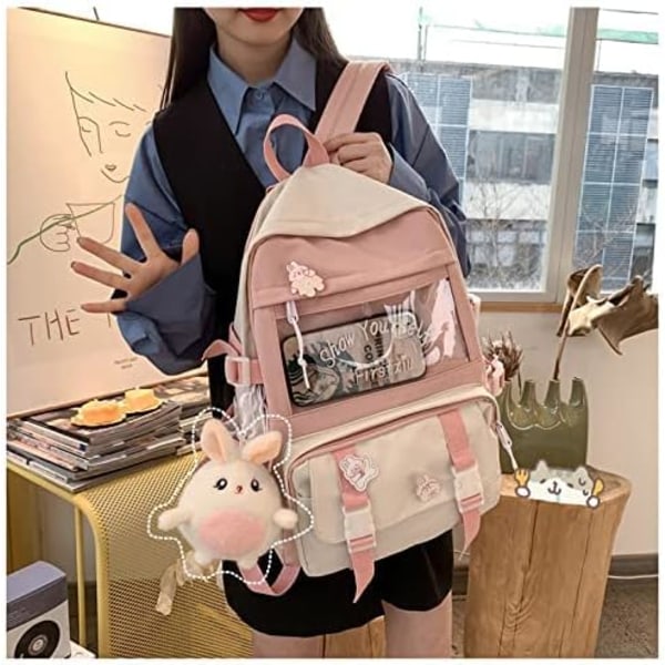 Kawaii-reppu Kawaii-merkillä ja -tarvikkeilla, Söpö Esteettinen Reppu, Söpö Kawaii-reppu Kouluun (pinkki)
