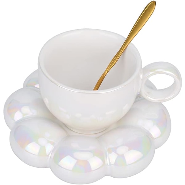 Keramisk Kaffekopp, Moln Kaffekopp och Fat Set, Söt Kopp med Blomsked och Solrosunderlägg, Kawaii Tekopp med Fat White