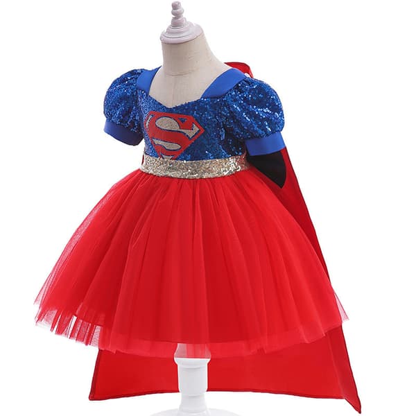 Piger Patchwork Kjole Med Superman Kappe Cosplay Kostume Til Børn D1105 Dark Blue + Cape 80cm