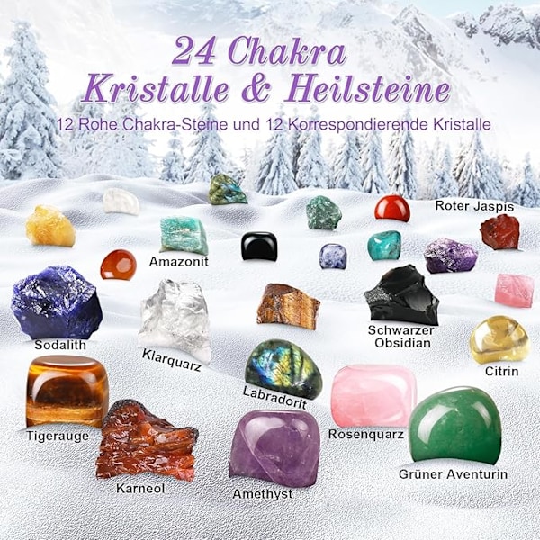 Julekalender 2024 krystaller, jule-nedtælling med 24 chakra-krystaller og identifikationsark, perfekt til læring, samling og dekoration.