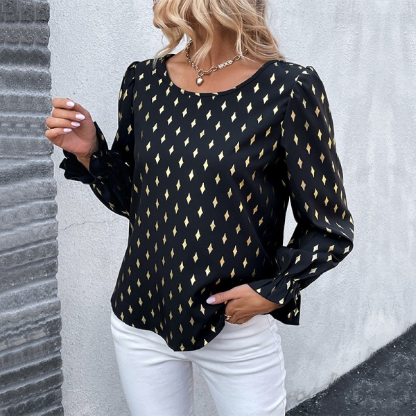 Elegant printed skjorta med volanger - Mångsidigt mode viktigt Black L