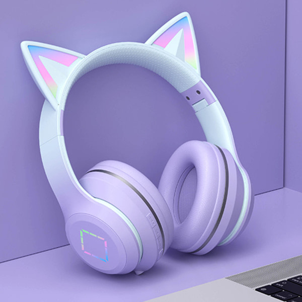 Trådlösa Bluetooth-hörlurar för barn med kattöron, RGB-belysning, hopfällbara, med mikrofon och volymkontroll för flickor Purple