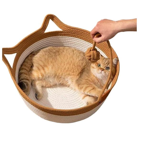 Flätad repkattkorg, uppgraderad kattsäng med leksakssvans, halvsluten design, rund kattsäng i bomull, för alla katter grå grey S