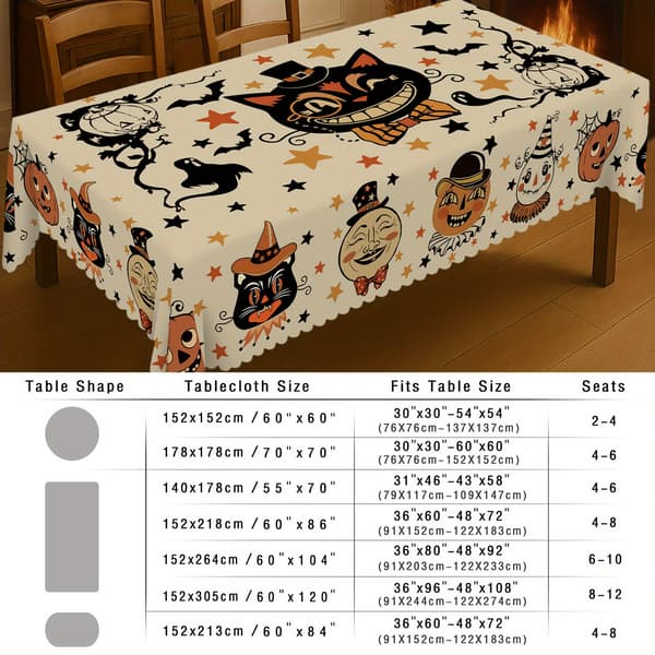 Halloween Dug Rektangulær Polyester Print Spøgelse Græskar Kat Flagermus Orange Gul Fest Spisestue Køkken Dekoration Round-70in (180cm)