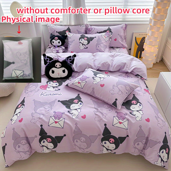 Sanrio Kuromi 4 Piece Bedding Set - Soft & Durable, Includes Duvet, Sheet and 2 Pillowcases - Cute Cartoon Print for Bedroom{db}(180X220)