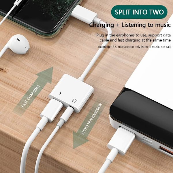 iPhone-hovedtelefonadapter 2-i-1 Lightning+3,5 mm jackstik til hovedtelefoner