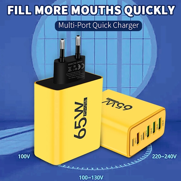 PD 65W USB-laddare Snabbladdare 6 Portar Typ C Mobilladdare För Iphone 16 15 Pro Max Xiaomi Huawei Samsung Snabbladdare{hh] Yellow EU