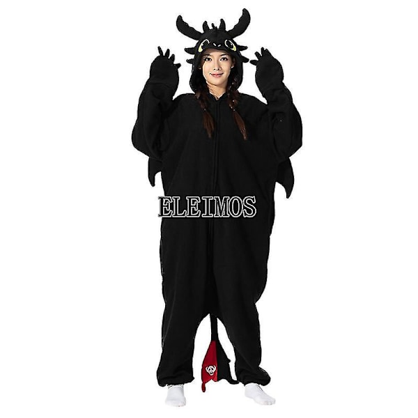 Piirretty Hammasvailla Onesie-Pyjama Aikuisten Naisille ja Miehille Eläinpyjama Kotiasu Halloween Cosplay-Pukeutumispuvut MUSTA BLACK XL Fits 178-188cm