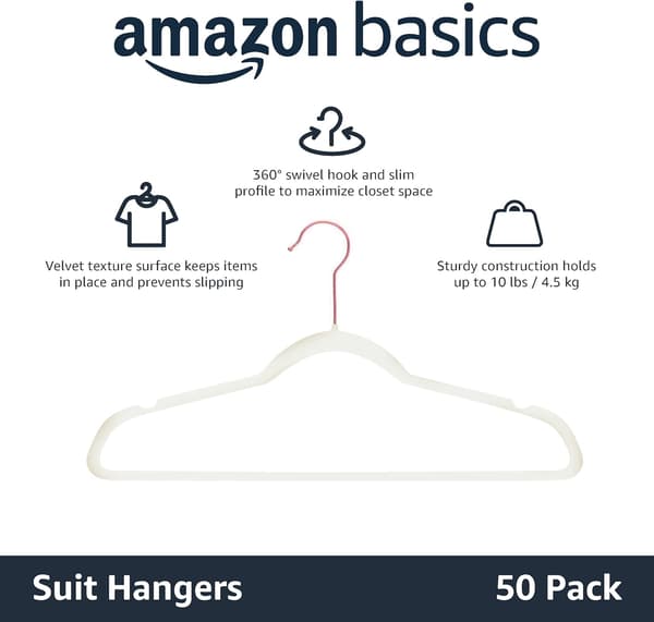 Amazon Basics Slim Sammet Halkfria Klädhängare för Kostymer - 50-pack, Svart platinum