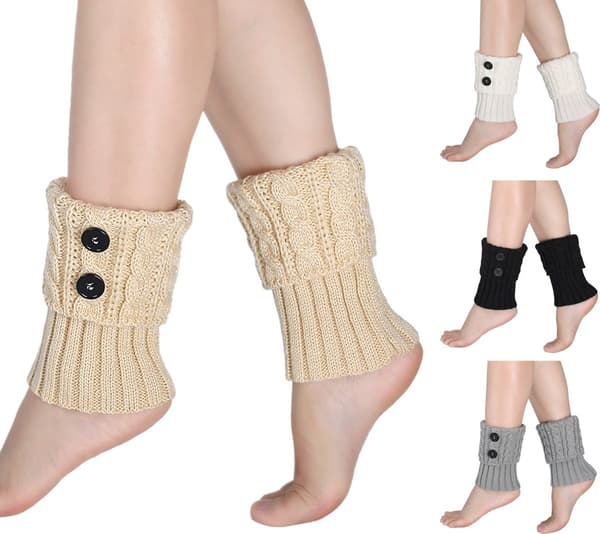 Benstrømper - 4 par kabelstrikkede støvlemanchetter - One Size mode benærmer til kvinder med knapper White / Black / Grey / Beige One Size