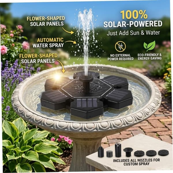 Fuglebadfontæner solenergi solfontæne til fuglebad med 4 udskiftelige dyser til udendørs springvand Vand Abs plast blomsterdesign