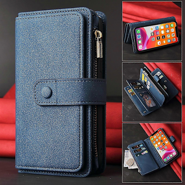 WXH Kompatibel med Samsung Galaxy A52 5G/A52S PU Läder Magnetisk Stängning Femton Kortplatser Blixtlåsficka Telefonfodral Blue