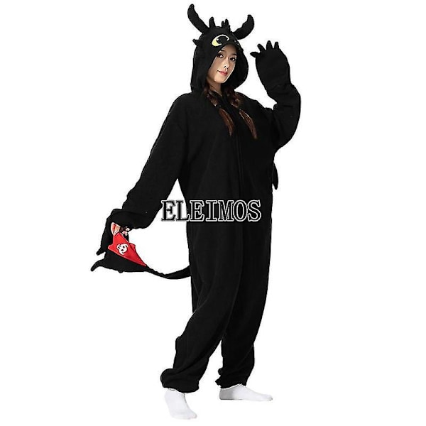 Piirretty Hammasvailla Onesie-Pyjama Aikuisten Naisille ja Miehille Eläinpyjama Kotiasu Halloween Cosplay-Pukeutumispuvut MUSTA BLACK XL Fits 178-188cm