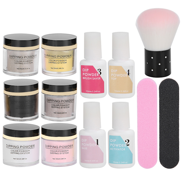 Nageldippningspulver Set Nagelkonst Pulver Topp Baslack Gel Dammborste Manikyrverktyg SetK1215