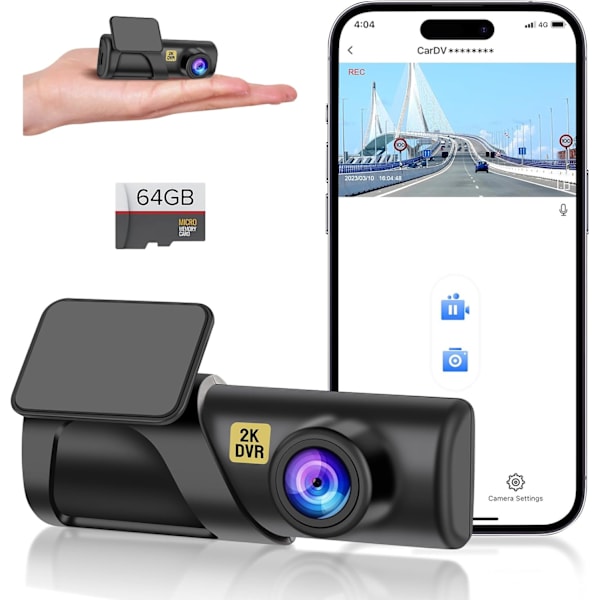 Dashcam, WiFi FHD 1080P Bilkamera til Biler, Mini Bilkamera, Front Dashcam med Gratis 64GB SD-kort, 160° Bred Vinkel, Nattesyn