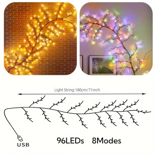 96 LED'er Fleksible Piletræsranker Lys USB 8 Tilstande Warm White 96LEDs
