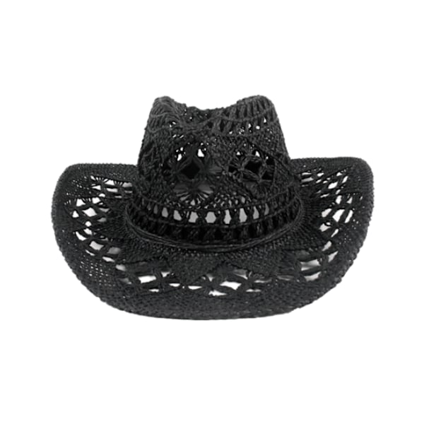 Cowboyhat i strå med bred skygge og hulmønster {hh} Black