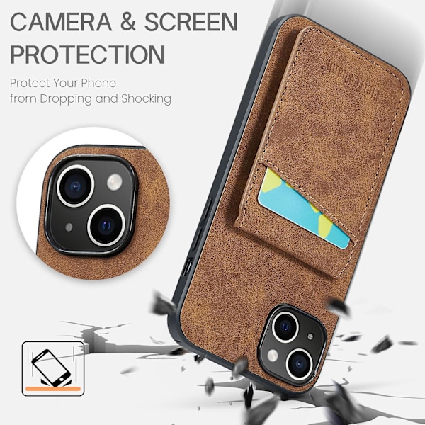 FIERRE SHANN Korthållare Telefonfodral för iPhone 13 RFID-blockering PU Läder+TPU Ställskydd Brown