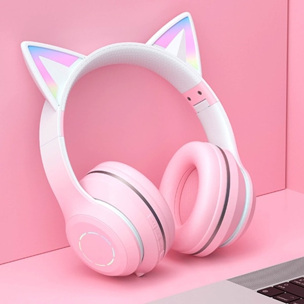 Trådlösa Bluetooth-hörlurar för barn med kattöron, RGB-belysning, hopfällbara, med mikrofon och volymkontroll för flickor pink