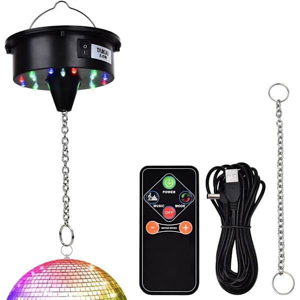 Diskokulemotor med fjernkontroll, 3-15RPM Justerbar Spinner 18LEDs for 8 10 12 16 20 24 Speilkulemotor