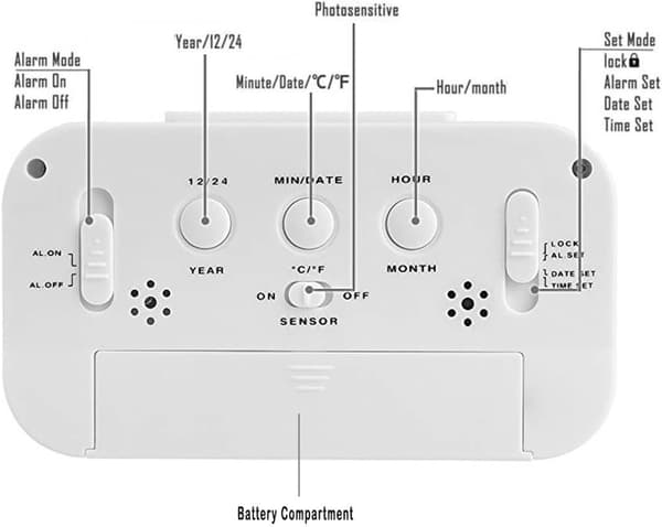 Digital Vekkerklokke med LED-display, Temperatursensor og Automatisk Dimming, Hvit