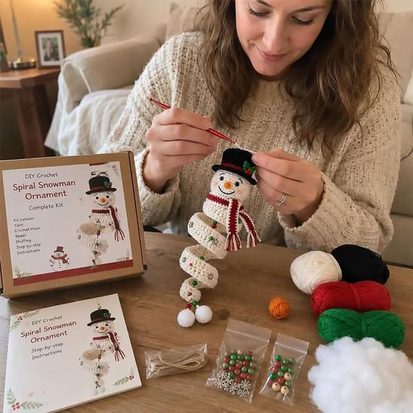 DIY Hæklet Sneemand Spiralpynt Sæt - 4 Stykker - Juletræskrog Sæt - Julehåndværkssæt - Inkluderer Garn, Kroge & Engelsk Vejledning