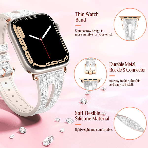 For Bling Tynn Rem for Apple Watch Band 45mm 44mm 42mm Serie 7 SE 6 5 4 3 2 1, Kvinners Glitter Silikonreim Tilbehør Kompatibel med iWatch Al