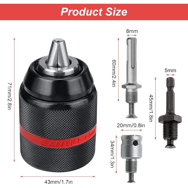 Borrfäste 1,5-13 mm, 1/2\" 20UNF gänga, nyckellös chuckadapter, med SDS Plus, 1/4 HEX och Impac