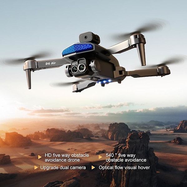 DLRC D6 AIR HD Kaksi Kameralla Varustettu Taitettava Lento-drone, 5-puolinen Esteiden Välttö RC-nelikopteri (Optical F Gr Grey Style B