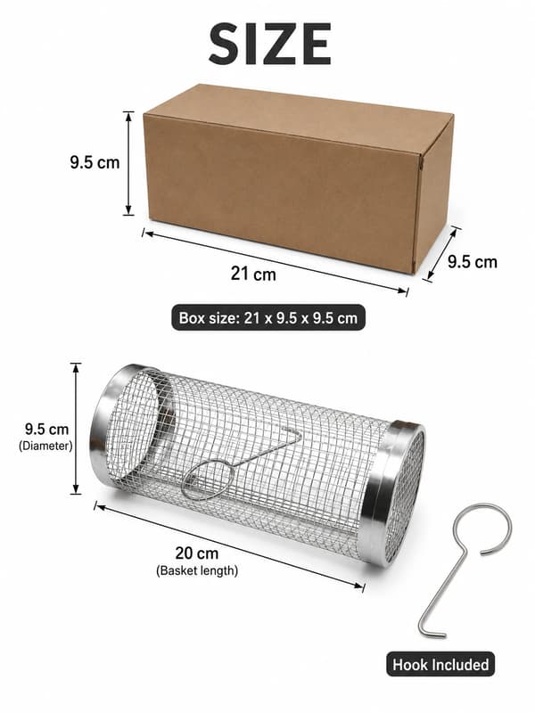 Grillkurv i rustfrit stål, Rullende grillbur med krog, 20 cm 20cm