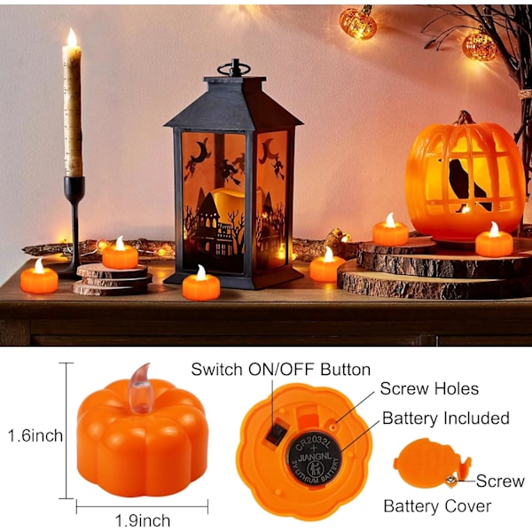 Halloween Græskar Te Lys Dekorationer Efterårs Dekoration, 12-pak LED Orange Græskar Lys Flammeløse Batteridrevne