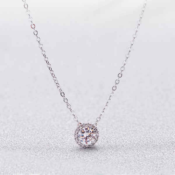 14K Gullbelagt Post Falsk Diamant Rund Solitaire Anheng Halskjede | Gullkjede for Kvinner