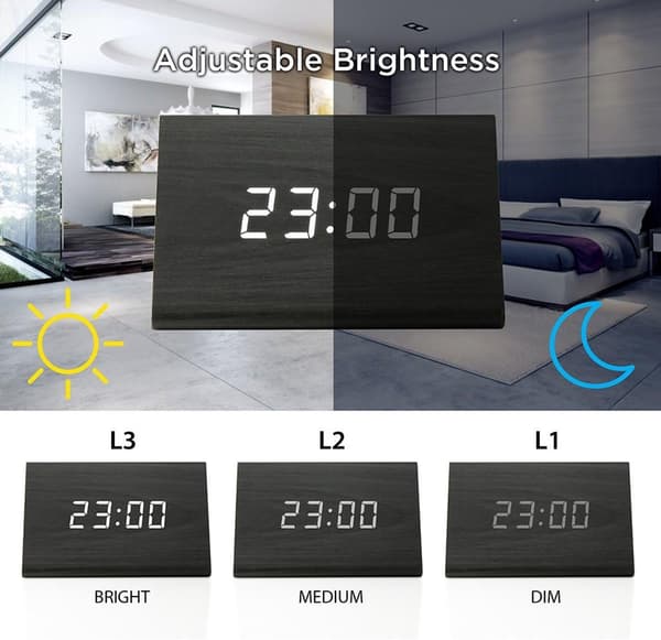 LED Digitalt Vækkeur - Tid Dato Temperatur Display - Træ Sort Ur med Hvidt Lys