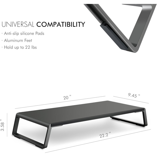 Multiskjermstativ med en solid 50,8 x 24 cm plattform og plassbesparende metallben med oppbevaring. black