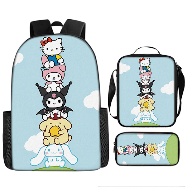 Tecknad Kuromi tredelat set Cinnamon dog KT katt tecknad grund- och gymnasieelever skolväska barnryggsäck D Backpack