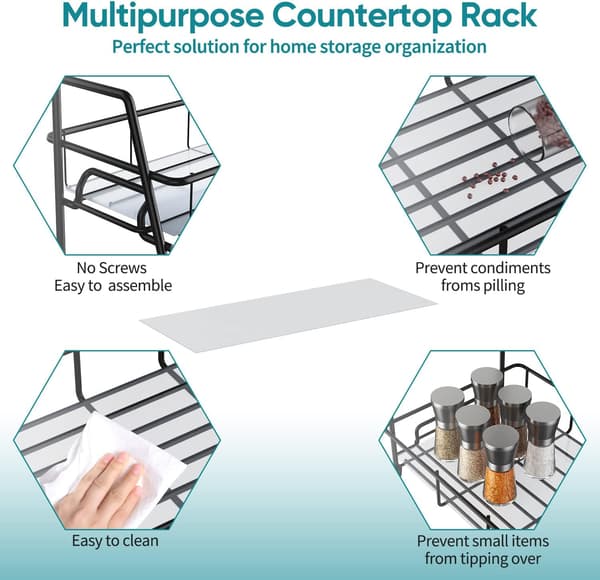 Spice Rack for Kitchen, Metal Spice Holder, Spice Storage for Kitchen Countertop, 2-Tier Storage Shelf, Black