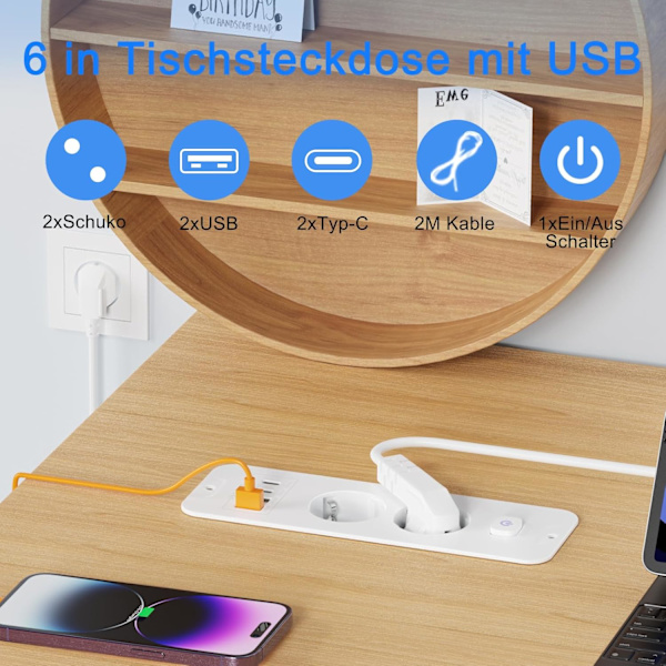 2-veis innfelt stikkontakt med 2 USB-porter og 2 meter kabel