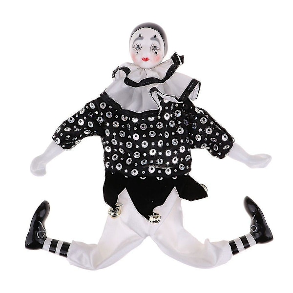 38 cm porslinsclowndocka klädd i vit och svart outfit, rolig harlekindocka, cirkusproffs