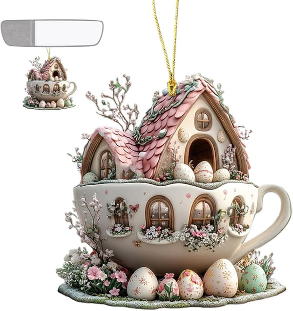Påskehare Træhus Krus 8x8cm Julepynt Ornament til Skandinavisk Forårshjemindretning