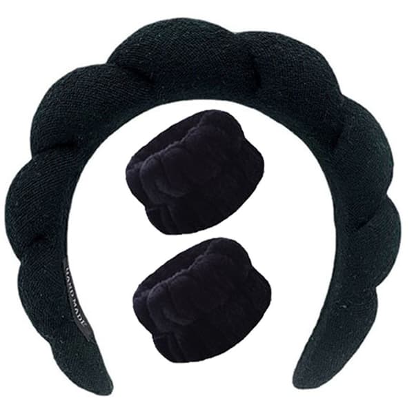 3-pak Hårbånd og armbånd til makeup og ansigtsvask, sort