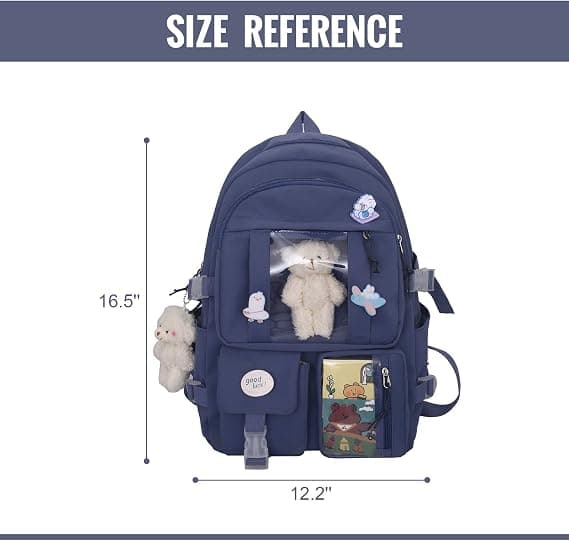 Kawaii School Backpack for Girls Cute Aesthetic Backpack School Bag with Pins and Accessories Blue