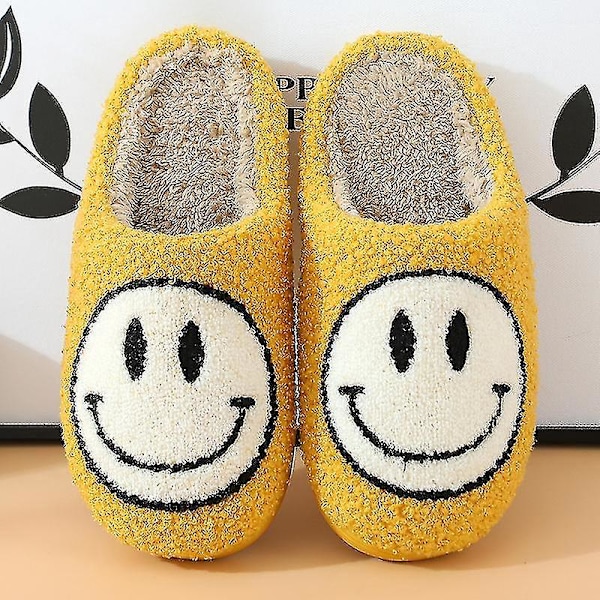 Hyggelige Retro Smile Face Plys Sutsko - Par Vinter Varme Indendørs Forsyning 39-40 Gul