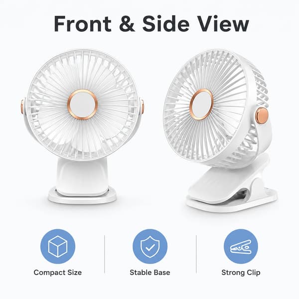 Bærbar Clipventilator, 5-trins Mini Bordventilator med Klips, Stativ og Ophængsdesign, 720° Rotation til Hjem, Kontor og Rejser White