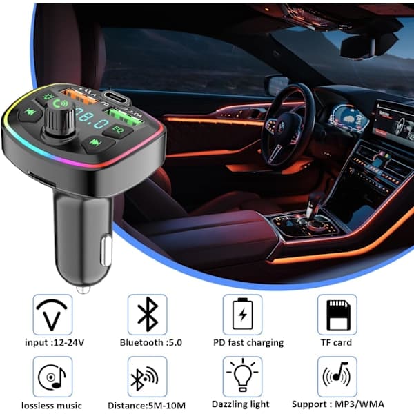 Bluetooth-auton FM-lähetin Bluetooth 5.0 autotarvikkeet, handsfree-auton Bluetooth, Bluetooth-auton musiikkisovitin, 2 USB + Type C [4.8A + 18W PD]