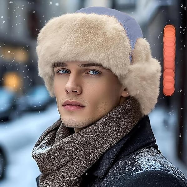 Vinter trapper hat med øreklapper, varm russisk hat til kvinder, trapper hat/skihue til mænd. blue